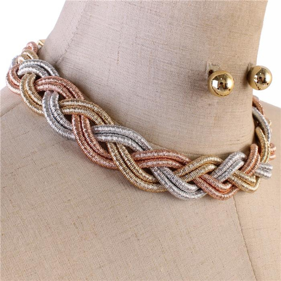 Tri Tone Braidded Cord Necklace Earring Set - Picture 2 of 5